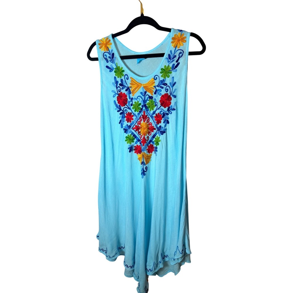 Boho Light Blue Floral Embroidered Sleeveless Sharkbite Hem Viscose Dress